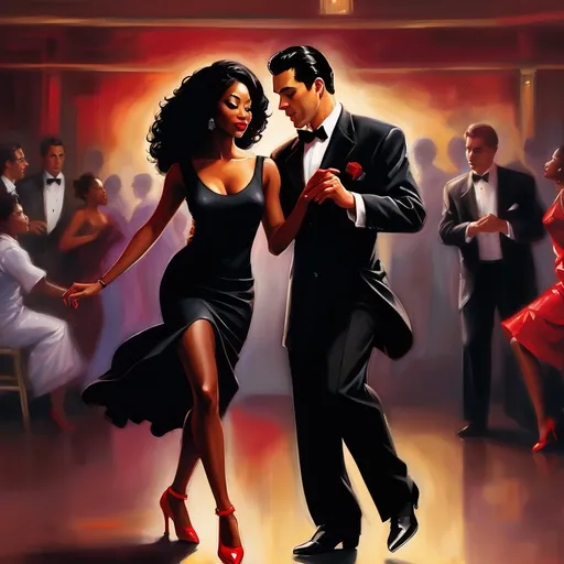 Prompt: A dashing Latino man with slick black hair dons a fitted black shirt and tailored slacks, exuding confidence as he leads a beautifully graceful black woman across the dance floor. She wears a matching black dress that flows elegantly around her as she moves, accentuated by her bold red heels and red rose in her hair. The dimly lit Argentinian-style club is alive with a warm, inviting atmosphere, where rustic wooden beams and vibrant murals hint at a rich cultural tapestry. Soft golden lights cast gentle shadows, illuminating the couple as they dance passionately, their eyes locked in a joyful connection. The vibrant sounds of the tango envelop them, transporting onlookers to a world of romance and rhythm. This scene captures the essence of life and dance in a cinematic, photorealistic style. 