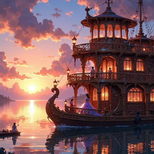 Prompt: The traveling water palace boat docks at sunset. The princess sits at the upper balcony of her palace ship.