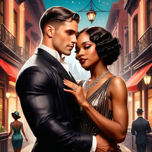Prompt: Romance novel style book cover with a handsome man holding a gorgeous black woman, 1920s style outfits and background. Interracial couple.