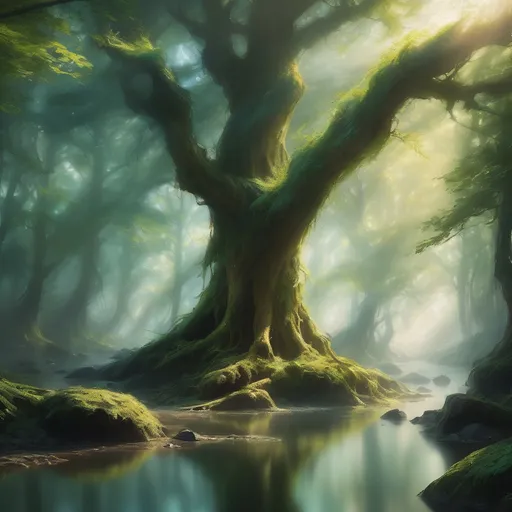 Prompt: Envision an ancient forest, shrouded in a mystical, ethereal haze, where towering trees with gnarled roots twist and weave, their leaves a kaleidoscope of greens punctuated by golden sunlight filtering through the canopy. Alongside this primeval woodland flows a swift, crystal-clear river, its waters shimmering like polished glass as they race over smooth stones, creating the gentle sound of rushing water. The air is rich with the scent of damp earth and the sweet perfume of wildflowers, while soft rays of sunlight dance playfully on the surface of the river. Blending in is a dwelling built into the riverbank. A sense of tranquility pervades the scene, inviting a moment of serenity in nature. This picturesque setting would be beautifully rendered in a cinematic lighting style, emphasizing the contrast between the deep shadows of the forest and the bright glimmer of the water.