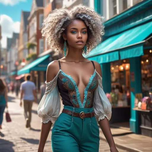 Prompt: Tall young woman walking down the high street, detailed clothing, realistic, natural lighting, (beautiful young black woman), vibrant fantasy style, dark chocolate skin, luxurious white curly/coily hair, striking turquoise eyes, magical atmosphere, enchanting light, whimsical background filled with fantastical elements, lush colors, dreamy vibe, high depth, ultra-detailed, captivating and imaginative composition.