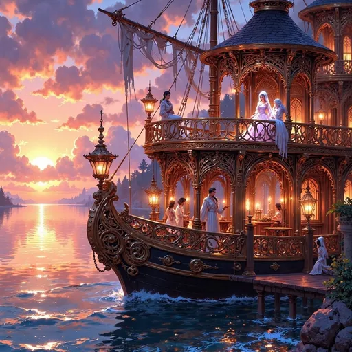 Prompt: Envision a majestic water palace boat, its ornate design reflecting the artistry of distant lands, gently gliding to a halt at a serene dock as the sun sets. Vibrant hues of orange, pink, and lavender paint the sky, casting a warm glow on the tranquil waters below. At the upper balcony, a graceful princess lounges, her long, flowing gown shimmering in hues that echo the sunset. Her gaze is soft yet contemplative, a smile teasing her lips as she watches the horizon. The gentle lapping of waves against the hull creates a serene melody, while delicate lanterns aboard the ship begin to flicker to life, illuminating the detailed carvings of the palace. Suggested style: dreamy watercolor illustration, capturing the ethereal beauty of the moment.
