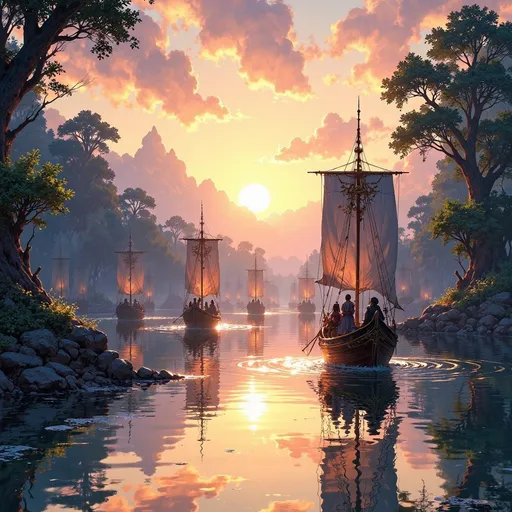 Prompt: The caravan of boats travels on the long wide river.