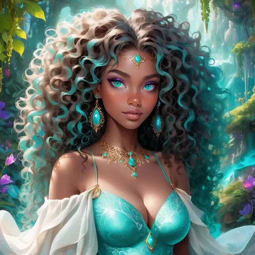 Prompt: (beautiful young black woman), vibrant fantasy style, dark chocolate skin, luxurious white curly/coily hair, striking turquoise eyes, magical atmosphere, enchanting light, whimsical background filled with fantastical elements, lush colors, dreamy vibe, high depth, ultra-detailed, captivating and imaginative composition.