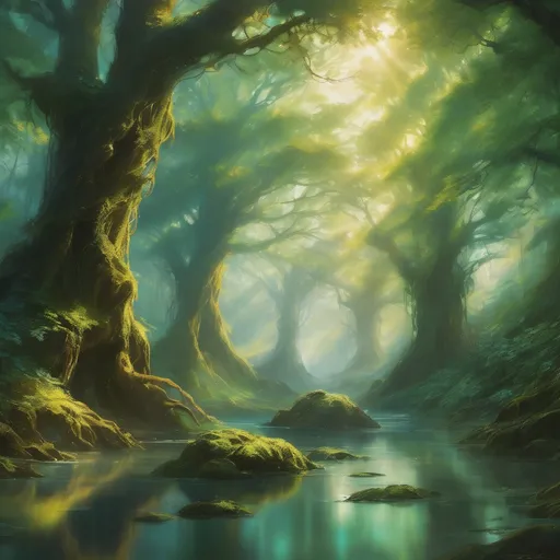 Prompt: Envision an ancient forest, shrouded in a mystical, ethereal haze, where towering trees with gnarled roots twist and weave, their leaves a kaleidoscope of greens punctuated by golden sunlight filtering through the canopy. Alongside this primeval woodland flows a swift, crystal-clear river, its waters shimmering like polished glass as they race over smooth stones, creating the gentle sound of rushing water. The air is rich with the scent of damp earth and the sweet perfume of wildflowers, while soft rays of sunlight dance playfully on the surface of the river. A sense of tranquility pervades the scene, inviting a moment of serenity in nature. This picturesque setting would be beautifully rendered in a cinematic lighting style, emphasizing the contrast between the deep shadows of the forest and the bright glimmer of the water.