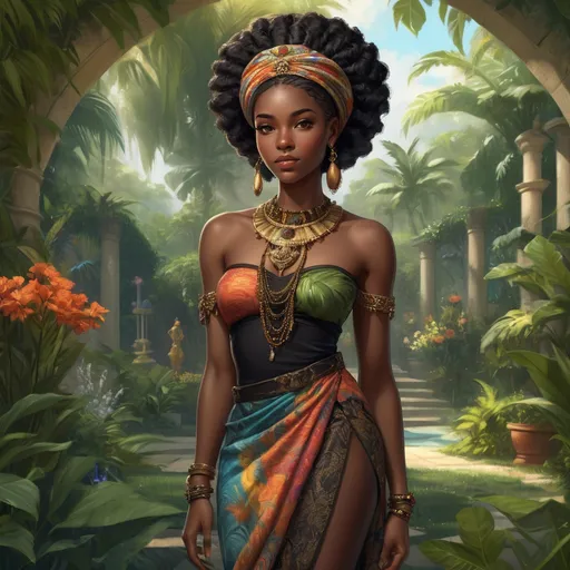 Prompt: Full body, Fantasy illustration of a black female noble woman, 21 years old, beautiful, black skin, elegant hairstyle, colorfull and elegant african-style garment, delicate jewellery, serene expression, high quality, rpg-fantasy, detailed, in a tropical garden