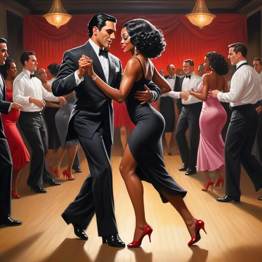 Prompt: A dashing Latino man with slick black hair dons a fitted black shirt and tailored slacks, exuding confidence as he leads a beautifully graceful black woman across the dance floor. She wears a matching black dress that flows elegantly around her as she moves, accentuated by her bold red heels and red rose in her hair. The dimly lit Argentinian-style club is alive with a warm, inviting atmosphere, where rustic wooden beams and vibrant murals hint at a rich cultural tapestry. Soft golden lights cast gentle shadows, illuminating the couple as they dance passionately, their eyes locked in a joyful connection. The vibrant sounds of the tango envelop them, transporting onlookers to a world of romance and rhythm. This scene captures the essence of life and dance in a cinematic, photorealistic style. 