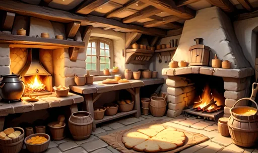 Prompt: inside of a thatched roof old french cottage, single open fire place at the back, kitchen at the side, cosy chair at the back, rug on the floor, freshly baked breads, cheeses and small pots of honey on the shelves, in the mediam of cartoon disney style


