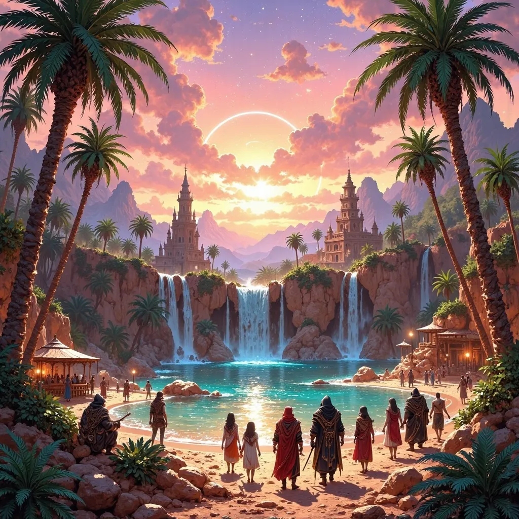 Prompt: Big kingdom, large desert oasis, water spring, waterfalls, trees, greenry, dramatic fantasy settlement scene, traveling caravan,  cinematic lighting
