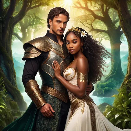 Prompt: A romantic fantasy novel cover featuring a handsome man with noble features and a confident expression, gently holding a stunning Black woman with radiant skin and a graceful pose. They stand amidst a breathtaking, enchanted landscape with glowing flora and mystical light filtering through ancient, towering trees. Both are dressed in intricate fantasy outfits: the man in elegant armor with ornate engravings, the woman in flowing, shimmering robes adorned with delicate gemstones and feathered accents. Soft, magical illumination surrounds them, creating a warm and enchanting atmosphere filled with wonder and intimacy. Rendered in cinematic lighting, photorealistic style with a touch of Dreamy watercolor illustration to evoke fantasy romance and magical allure.