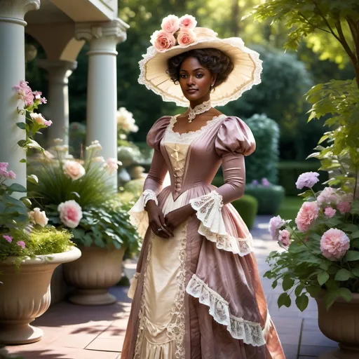Prompt: woman wearing a tea-gown with a flower-filled tea hat, year 1905. Garden patio. Lace. frills. realistic. 
Dark skinned noble,