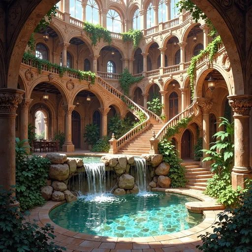 Prompt: A lush, inviting atrium unfolds before you, featuring multiple cascading waterfalls that flow over natural rock formations into a tranquil pool. Sunlight filters through expansive arched windows, illuminating the warm earthy tones of the stucco walls and the intricately designed railings that grace the winding staircase. Verdant plants thrive throughout the space, adding vibrant greenery to the rustic decor, while elegant chandeliers cast a soft glow that enhances the serene atmosphere. The combination of water sounds and rich textures creates a peaceful sanctuary that feels both luxurious and harmonious with nature, inviting exploration and relaxation.