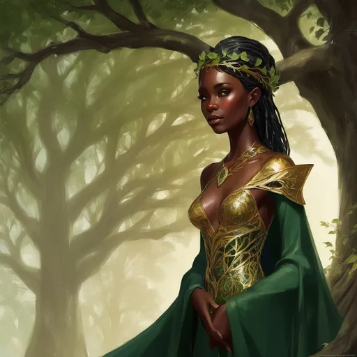 Prompt: A beautiful black woman with gold eyes wore a gown of deep forest green, simple in cut but intricately embroidered with symbols of growing things – winding vines, delicate moonpetal, and the majestic Eldorian oak. Her crown was a **delicate, interwoven circlet of polished Eldorian bronze**, shaped like twin branches reaching skyward, adorned with a single, clear river stone at its fore. pre-Raphaelite time-lapse motion blur, High resolution, detailed portrait, ethereal atmosphere, black locs, dark brown skin, red lips, captivating eyes, cosmic mystical aura, vibrant colors, soft lighting, professional, digital painting, enchanting presence, fantasy, dreamy, female, mystical, detailed hair, captivating gaze, professional lighting, hyper realistic, HD 4k 3D, professional modeling, ethereal, gorgeous face, ambient divine glow, detailed and intricate, elegant, ethereal, mythical, goddess, radiant lighting,