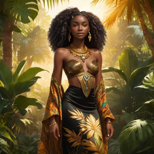 Prompt: Full body, Fantasy illustration of a black female noble woman, 21 years old, beautiful, black skin, elegant hairstyle, colorfull and elegant african-style garment, delicate jewellery, shamefull expression, high quality, rpg-fantasy, detailed, in a tropical garden