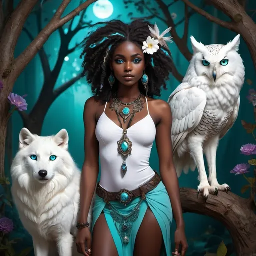 Prompt: (beautiful young black woman), full body, vibrant fantasy style, dark chocolate skin, luxurious white curly/coily hair, striking turquoise eyes, pet white owl, pet black wolf, magical atmosphere, enchanting light, whimsical background filled with fantastical elements, lush colors, dreamy vibe, high depth, ultra-detailed, captivating and imaginative composition.