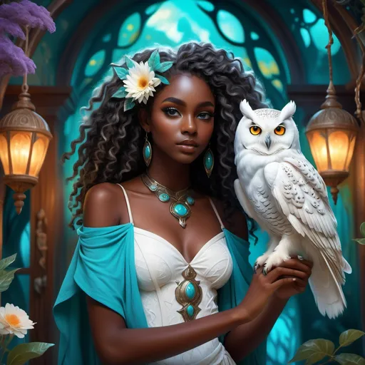 Prompt: (beautiful young black woman), full body, vibrant fantasy style, dark chocolate skin, luxurious white curly/coily hair, striking turquoise eyes, pet white owl, magical atmosphere, enchanting light, whimsical background filled with fantastical elements, lush colors, dreamy vibe, high depth, ultra-detailed, captivating and imaginative composition.