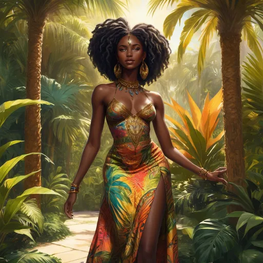 Prompt: A full-body, highly detailed fantasy illustration of a beautiful 21-year-old black noble woman with radiant black skin, standing gracefully in a lush tropical garden bathed in warm, dappled sunlight filtering through towering palm trees. She wears a vibrant, colorful African-style garment with intricate patterns that flow elegantly around her, accented by delicate gold and beaded jewelry that glints softly. Her elegant hairstyle is styled with intricate braids and adornments, enhancing her regal presence. Her expression is shy and bashful, eyes cast downward with a gentle blush. The scene exudes a rich, magical atmosphere, with lush greenery, blooming tropical flowers, and a sense of serene enchantment. Rendered in a cinematic, photorealistic style with vibrant colors, fine details, and soft lighting to evoke an RPG-fantasy mood.