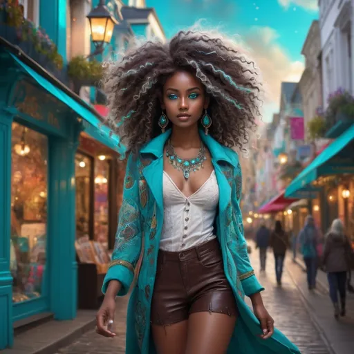 Prompt: Tall young woman walking down the high street, detailed clothing, realistic, (beautiful young black woman), vibrant fantasy style, dark chocolate skin, luxurious white curly/coily hair, striking turquoise eyes, magical atmosphere, enchanting light, whimsical background filled with fantastical elements, lush colors, dreamy vibe, high depth, ultra-detailed, captivating and imaginative composition.