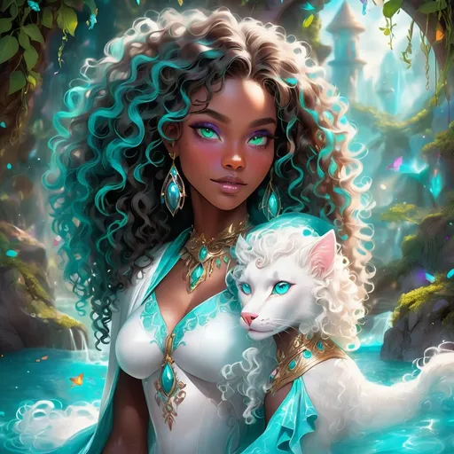 Prompt: (beautiful young black woman), vibrant fantasy style, dark chocolate skin, luxurious white curly/coily hair, striking turquoise eyes, magical atmosphere, enchanting light, whimsical background filled with fantastical elements, lush colors, dreamy vibe, high depth, ultra-detailed, captivating and imaginative composition.