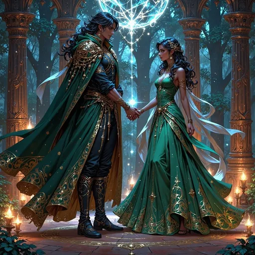 Prompt: Beautiful dark-skinned queen dances with her loving Northern King at her coronation.