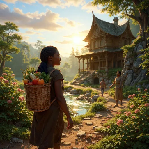 Prompt: Visualize a warm, late afternoon scene as the sun casts a golden hue across a large, rustic homestead in the forest along the crystal-clear rivernear the base of a moss-covered granite cliff. A young black woman, her hair beautifully braided, carries a woven basket filled with vibrant, freshly harvested vegetables on her back, its colors a vivid contrast to the soft earth tones around her. Her posture is confident yet relaxed, a gentle smile gracing her face as she walks across the bridge, approaching her family who eagerly awaits on a sunlit porch. Overhead, fluffy clouds drift lazily, and the air is fragrant with the scent of blooming flowers and rich soil. In the distance, the garden is alive with lush greenery, the setting imbued with a sense of togetherness and gratitude. This heartwarming moment is captured with soft, cinematic lighting, providing a photorealistic fantastical quality to the family scene.