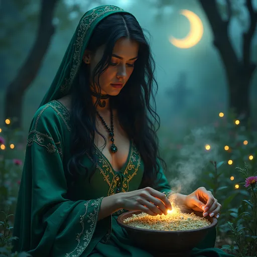 Prompt: A beautiful black witch is harvesting her witch garden.