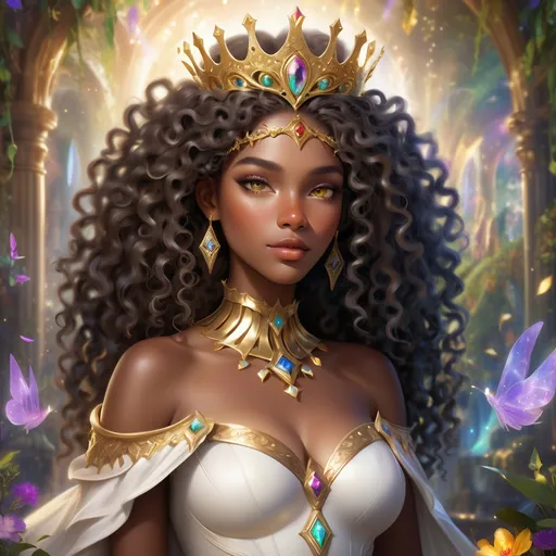 Prompt: (beautiful young black woman), vibrant fantasy style, full body, dark chocolate skin, luxurious white curly/coily hair, striking gold eyes, a crown, magical atmosphere, enchanting light, whimsical background filled with fantastical elements, lush colors, dreamy vibe, high depth, ultra-detailed, captivating and imaginative composition.