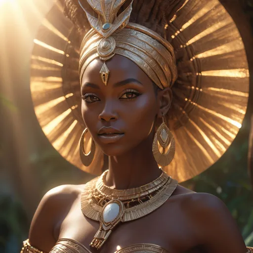 Prompt: African goddess. hyper realistic, HD 4k 3D, professional modeling, ethereal, gorgeous face, Nubian jewelry and headpiece, ambient divine glow, detailed and intricate, elegant, ethereal, mythical, goddess, radiant lighting, majestic, goddesslike aura, mystic Island realm that shows her power