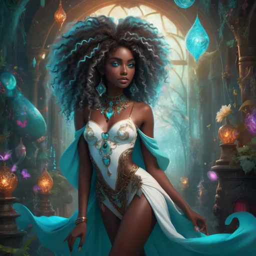 Prompt: (beautiful young black woman), vibrant fantasy style, dark chocolate skin, luxurious white curly/coily hair, striking turquoise eyes, full body, magical atmosphere, enchanting light, whimsical background filled with fantastical elements, lush colors, dreamy vibe, high depth, ultra-detailed, captivating and imaginative composition.