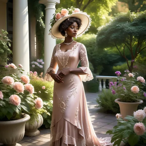Prompt: woman wearing a tea-gown with a flower-filled tea hat, year 1911. Garden patio. Lace. frills. realistic. 
Dark skinned noble,