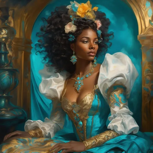 Prompt: Rococo era portrait of a woman, oil painting, luxurious clothing (beautiful young black woman), vibrant fantasy style, bronze skin, luxurious white curly/coily hair, striking turquoise eyes, blue and gold gown, magical atmosphere, enchanting light, whimsical background filled with fantastical elements, lush colors, dreamy vibe, high depth, ultra-detailed, captivating and imaginative composition.