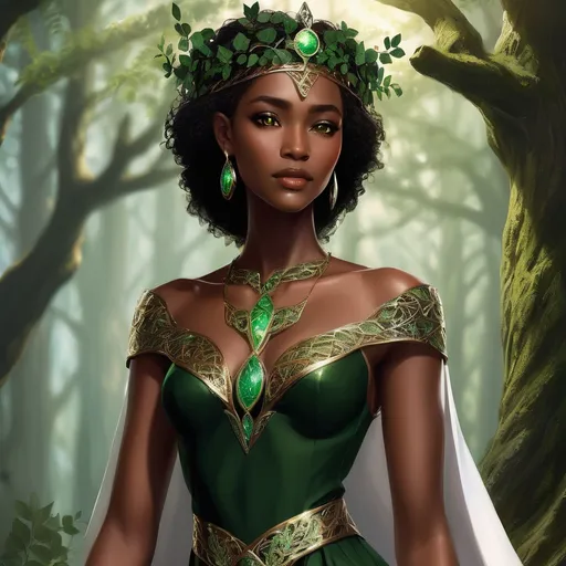 Prompt: A beautiful black woman with green eyes wore a gown of deep forest green, simple in cut but intricately embroidered with symbols of growing things – winding vines, delicate moonpetal, and the majestic Eldorian oak. Her crown was a **delicate, interwoven circlet of polished Eldorian bronze**, shaped like twin branches reaching skyward, adorned with a single, clear river stone at its fore. pre-Raphaelite time-lapse motion blur, High resolution, detailed portrait, ethereal atmosphere,  black curly hair, dark brown skin, red lips, captivating eyes, cosmic mystical aura, vibrant colors, soft lighting, professional, digital painting, enchanting presence, fantasy, dreamy, female, mystical, detailed hair, captivating gaze, professional lighting, hyper realistic, HD 4k 3D, professional modeling, ethereal, gorgeous face, ambient divine glow, detailed and intricate, elegant, ethereal, mythical, goddess, radiant lighting,
