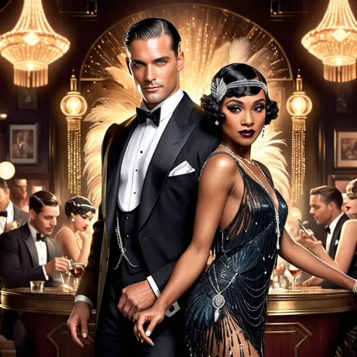 Prompt: Visualize a captivating romance novel cover set in the vibrant 1920s. A handsome man with slicked-back hair and a dapper suit holds a gorgeous black woman adorned in a luxurious flapper dress, accented with shimmering beads and feathers. Their eyes lock in a magnetic gaze, the connection palpable against the backdrop of a bustling jazz club filled with elegantly dressed patrons. Soft golden light bathes the scene, creating an inviting warmth, while a faint shimmer of sequins dances in the air. A saxophonist can be seen in the background, adding musical energy to the atmosphere. The overall style is reminiscent of vintage art deco illustrations, enhancing the timeless elegance of their romance.