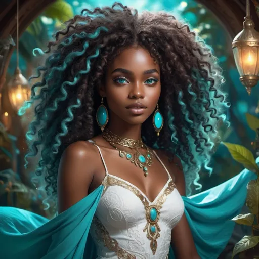 Prompt: (beautiful young black woman), full body,  vibrant fantasy style, dark chocolate skin, luxurious white curly/coily hair, striking turquoise eyes, magical atmosphere, enchanting light, whimsical background filled with fantastical elements, lush colors, dreamy vibe, high depth, ultra-detailed, captivating and imaginative composition.