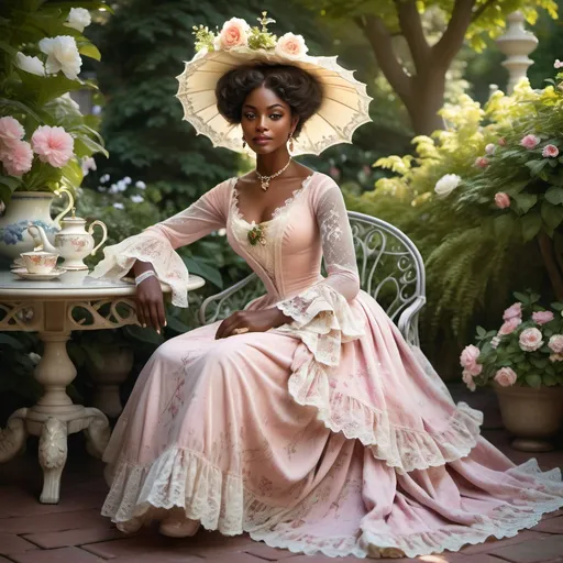 Prompt: woman wearing a tea-gown with a flower-filled tea hat, year 1905. Garden patio. Lace. frills. realistic. 
Dark skinned noble,
