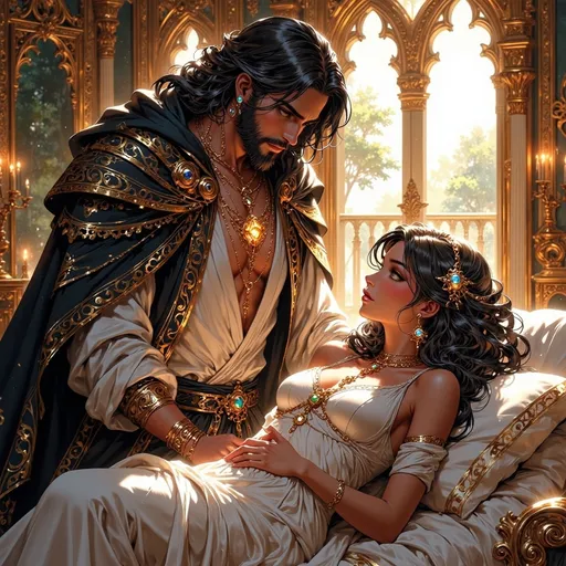 Prompt: In a mystical world, a tall rugged handsome white King with long black hair and beard and deep blue eyes sits on the side of his large bed as he watches contently his belovedbeautiful black Queen with deep brown skin and mass of curly hair sleeps serenely in her silk nightgown. They are in their royal palace bed chambers with the sunlight flooding through the balcont doors. 