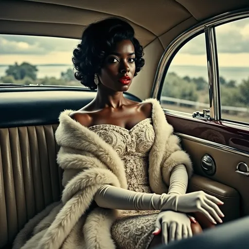 Prompt: Seated elegantly in the plush interior of a vintage car, a stunning black woman captivates with her striking beauty and poised demeanor. Her rich, dark curls frame her face, accentuating her dramatic red lips and captivating gaze, while she dons a luxurious strapless gown adorned with intricate details and a white fur shawl. In her hand rests a delicate glass, hinting at a moment of leisure amid a timeless journey. The backdrop reveals a sweeping vista through the car window, where a muted landscape blends with brooding skies, evoking a sense of nostalgia and sophistication. The soft lighting enhances the glamorous atmosphere, blending seamlessly with the luxurious style of mid-20th-century elegance.