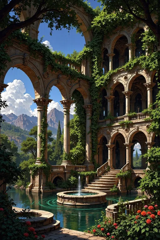 Prompt: Bathed in the soft light of a clear day, the scene unfolds within a lush, expansive garden featuring sweeping ruins adorned with grand columns and intricate arches, entwined with vibrant greenery. The tranquil waters of a large, circular pool reflect the surrounding foliage and the brilliant blue sky, while tiered terraces lead elegantly down toward the base of the structure, each laden with blooming flowers in rich hues. Sunlight filters through the foliage, casting dappled shadows on the stone paths that guide the viewer's eye deeper into this enchanting landscape. This idyllic retreat evokes a sense of serenity and timeless beauty, offering a glimpse into a harmonious blend of nature and architectural grandeur.