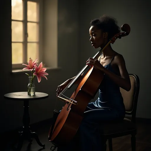 Prompt: In a very dark room a young, beautiful black woman wearing a dark blue satin dress with thin straps and an elegant hairstyle sitting on a chair playing the cello. Next to her on a round table there is a vase with a bouquet of pink lilies. The dim gold light from a window softly illuminates her casting a moody atmosphere. Dust particles float in the air adding to the ethereal ambiance