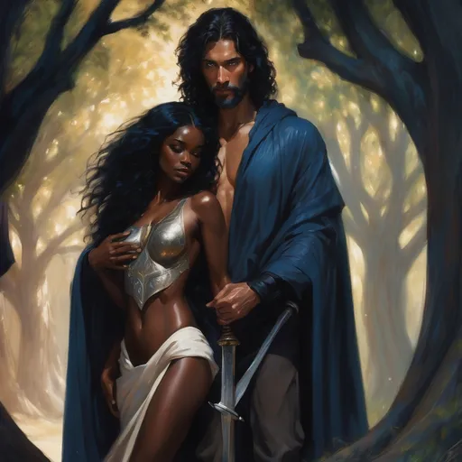 Prompt: In a mystical world, a tall rugged handsome white man with long black hair and beard and deep blue eyes stands watchfully with sword in hand as he guards his beautiful black lover with deep brown skin and mass of curly hair as she sleeps cover by his cloak. They hide in a cave covered by willow trees. 