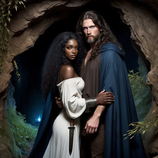 Prompt: In a mystical world, a tall rugged handsome white man with long black hair and beard and deep blue eyes stands watchfully with sword in hand as he guards his beautiful black lover with deep brown skin and mass of curly hair as she sleeps cover by his cloak. They hide in a cave covered by willow trees. 