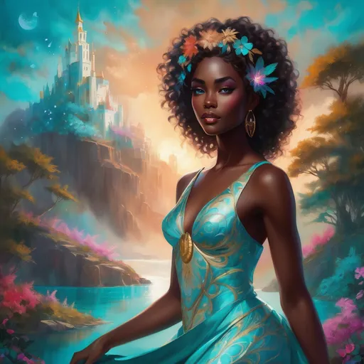Prompt: A stunning young Black woman with an ethereal face of dark chocolate skin and luxurious white curly, coily hair stands gracefully amidst a vibrant fantasy landscape. Her striking turquoise eyes shimmer with enchantment, reflecting a soft, magical glow. She is depicted in full body  wearing a white and turquoise gown with gold embroidery, surrounded by whimsical, fantastical elements such as glowing flora, shimmering crystals, and floating orbs, all bathed in enchanting, luminous light. The scene exudes a dreamy, otherworldly atmosphere with lush, saturated colors, intricate details, and a sense of high depth, creating a captivating and imaginative composition. Style inspired by dreamy watercolor illustrations with cinematic lighting, photorealistic details, and a whimsical, magical vibe.