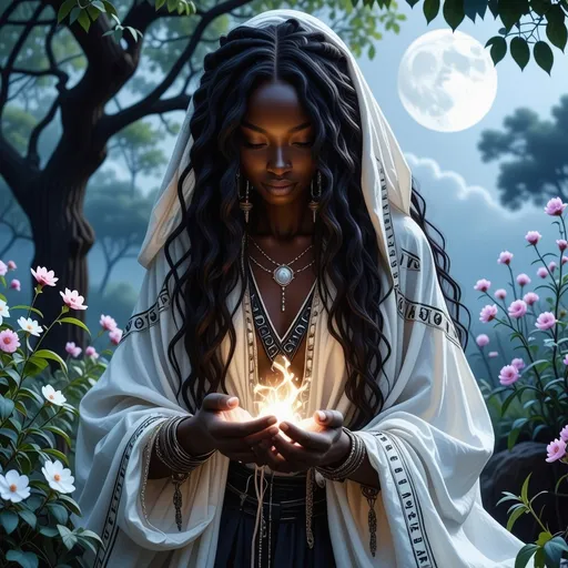 Prompt: In a mystical twilight setting, a beautiful black witch, draped in flowing white robes adorned with intricate silver runes that complements her radiant deep brown skin, gracefully tends to her enchanting witch garden. The air is thick with the scent of herbs and blooming nocturnal flowers, their petals shimmering under the soft glow of a crescent moon. Wisps of ethereal mist curl around her as she gently gathers glistening herbs and luminous crystals, their colors vibrant against the deep indigo sky. Her expressive face, framed by cascading, dark curls, displays a serene yet determined aura, hinting at the power she wields. In the background, ancient trees bend slightly, as though paying homage to her presence. The atmosphere is imbued with a sense of magic and quiet reverence, rendered in cinematic lighting and rich, vibrant colors that capture the enchanting essence of her world.