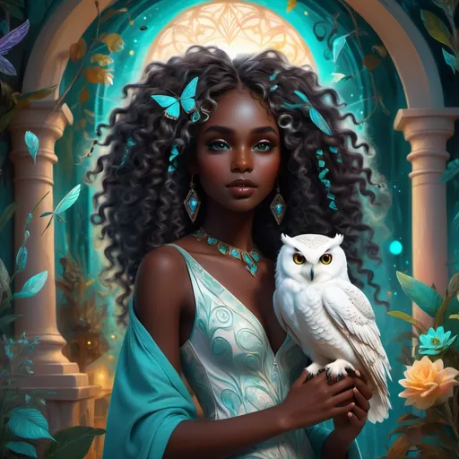 Prompt: (beautiful young black woman), full body, vibrant fantasy style, dark chocolate skin, luxurious white curly/coily hair, striking turquoise eyes, pet white owl, magical atmosphere, enchanting light, whimsical background filled with fantastical elements, lush colors, dreamy vibe, high depth, ultra-detailed, captivating and imaginative composition.