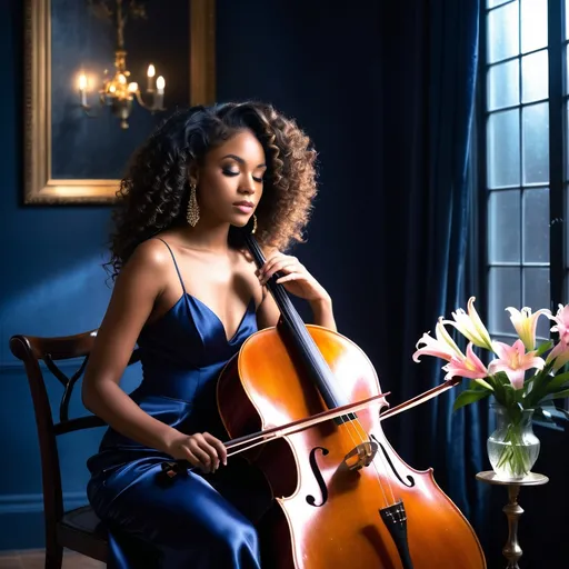 Prompt: In a very dark room a young, beautiful black woman wearing a dark blue satin dress with thin straps and long curly hair craft into an elegant hairstyle sitting on a chair playing the cello. Next to her on a round table, there is a crystal vase with a bouquet of pink lilies. The dim gold light from a window softly illuminates her casting a moody atmosphere. Dust particles float in the air and the rainbow lights dancing on the walls from sunlight reflecting from the crystal vase adding to the ethereal ambiance