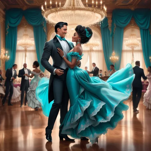 Prompt: In a lavish ballroom in the Victorian-era, elaborate chandeliers cast sparkling light onto a polished wooden floor, reflecting the joyous atmosphere. A handsome Latino man in a sharp grey tuxedo, his slick black hair glistening with elegance, twirls gracefully with a stunning black woman. She wears a silk turquoise Victorian bustle dress that billows gently around her as she moves, paired with dazzling silver heels that catch the light with every step. Their laughter fills the air, creating a palpable sense of joy and connection. Soft, warm tones of gold and cream envelop the scene, enhancing the romantic, celebratory mood. This enchanting moment, captured in enchanting, realistic detail, showcases their elegance and chemistry amidst the ornate decor of the ballroom.