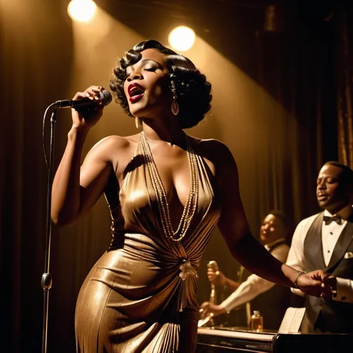 Prompt: A soulful black jazz singer, dressed in a luxurious 1920s style bronze dress, gold jewelry and a white lily in her fingerwaved hair, stands confidently center stage at the microphone, her voice pouring out like honey as she sings her heart out in a dimly lit, smoke-filled club, the air thick with the scent of cigarette smoke and whiskey, reminiscent of the iconic styles of Erté, Gustav Klimt, and Hopper, with bold, expressive brushstrokes and a muted, film noir-inspired color palette. The overall style is reminiscent of vintage art deco illustrations, enhancing the timeless elegance of their romance.