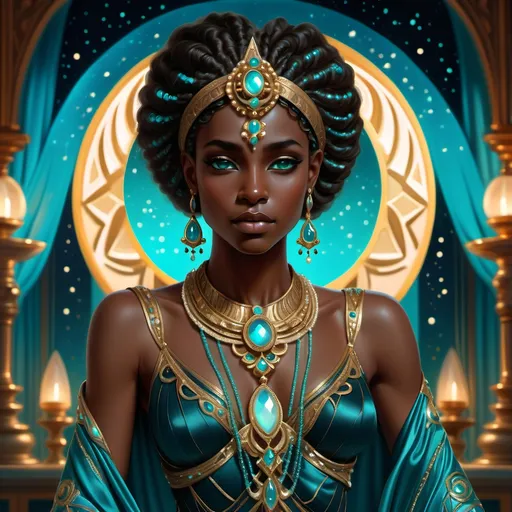 Prompt: A regal dark brown-skinned Black woman stands gracefully at the center of a mystical, moonlit setting. Adorned in teal and turquoise opulent Seleucid-inspired attire, her ornate clothing drapes elegantly around her, shimmering with intricate embroidery. Lustrous pearls and vibrant opals catch the soft light, while copious gold jewelry cascades from her neckline, glimmering like stars against the night. Moonstones reflect the ethereal glow, illuminating her striking features and vibrant expression as she gazes thoughtfully into the distance. Surrounding her, the air shimmers with a sense of ancient magic, while the gentle breeze rustles the delicate fabric of her garments. For this scene, envision a cinematic lighting style that enhances the luxurious atmosphere and showcases the richness of the materials.