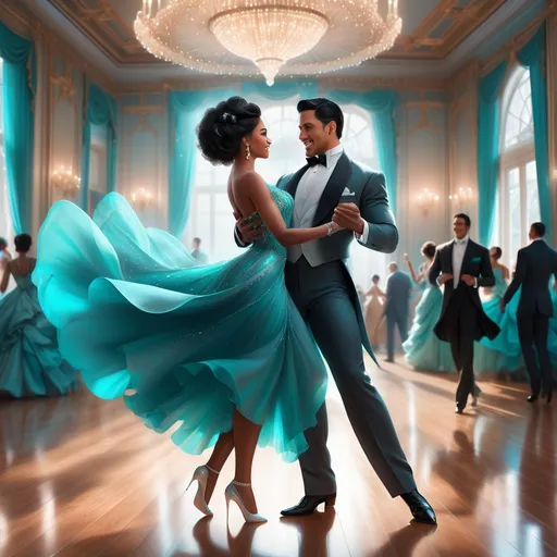 Prompt: A handsome Latino man in a grey tuxedo with slick black hair dancing with a beautiful black woman with long brown hair,  turquoise dress and silver heels in a Victorian style ballroom happily realistic 