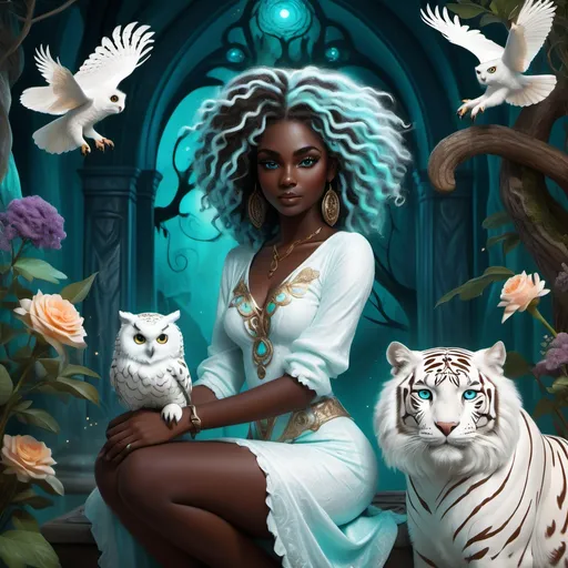 Prompt: (beautiful young black woman), full body, vibrant fantasy style, dark chocolate skin, luxurious white curly/coily hair, striking turquoise eyes, pet white owl and pet white tiger, magical atmosphere, enchanting light, whimsical background filled with fantastical elements, lush colors, dreamy vibe, high depth, ultra-detailed, captivating and imaginative composition.